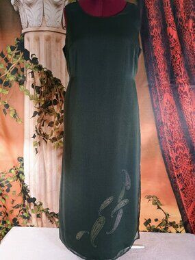 EUC VTG Maggie McNaughton Sz 1X Dark Green Sleeveless Maxi Dress Paisley Graphic